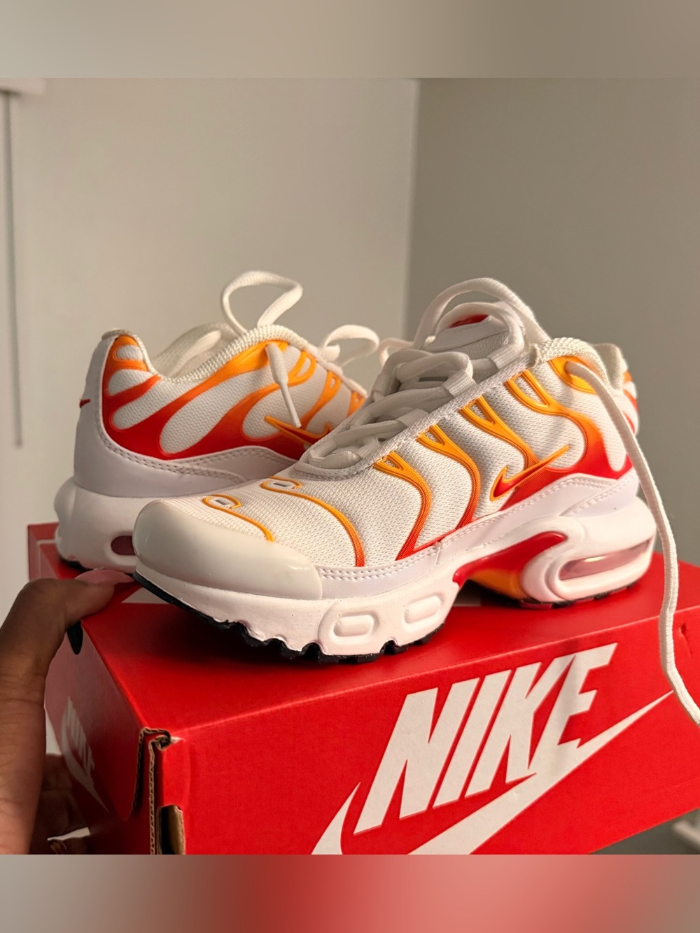 Nike Kids Air Max Plus White Sneakers with Orange and Red Flame Accents